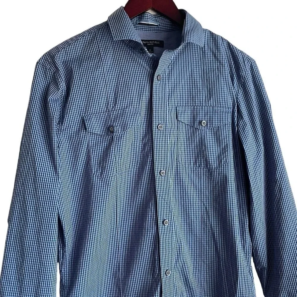 Banana Republic‎ Mens Shirt S Blue Checked Button Up Preppy Travel Office Casual